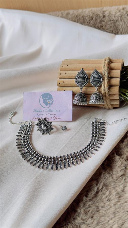German silver necklace with Jhumka, Nose pin and ring